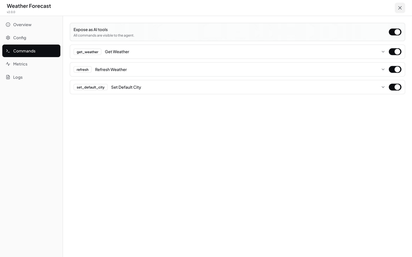 Extension details - Commands section