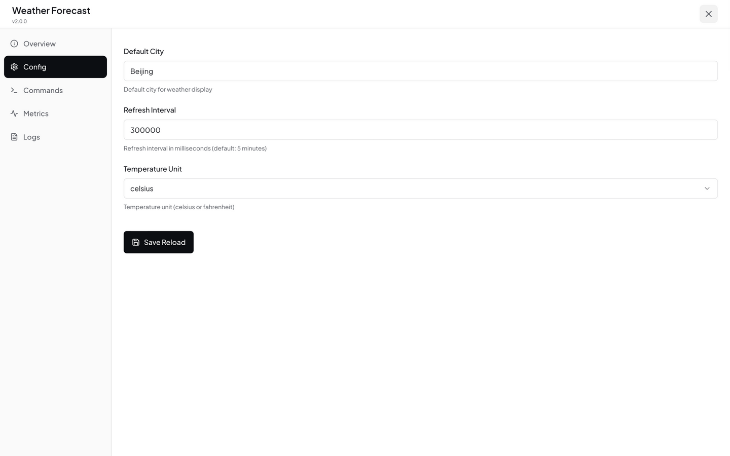 Extension details - Configuration section