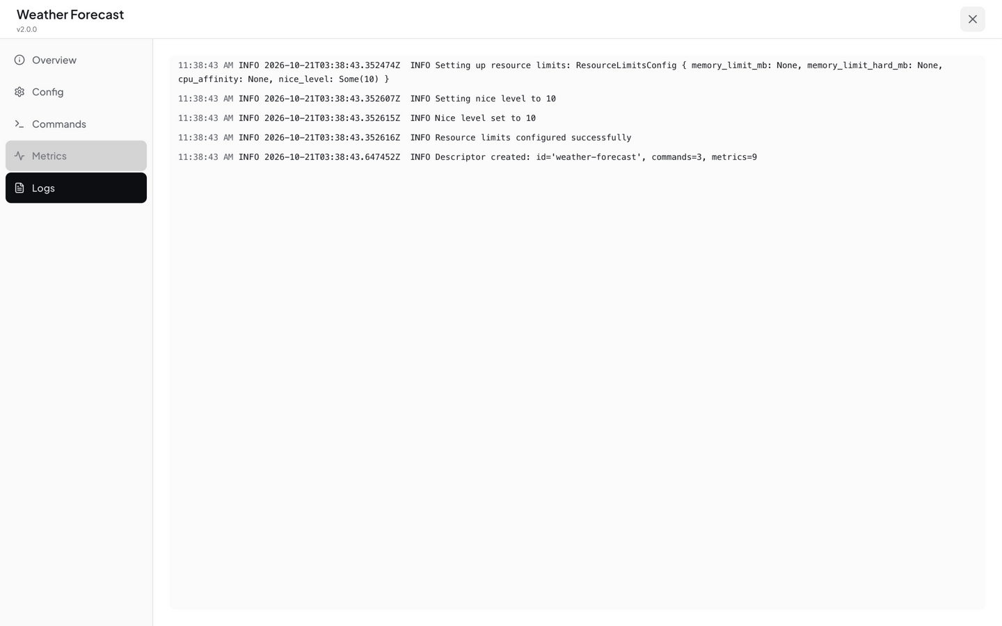 Extension details - Logs section