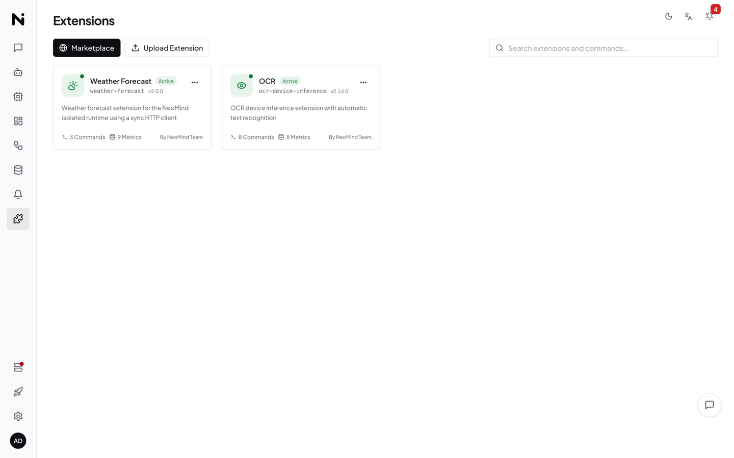 Extension management list page