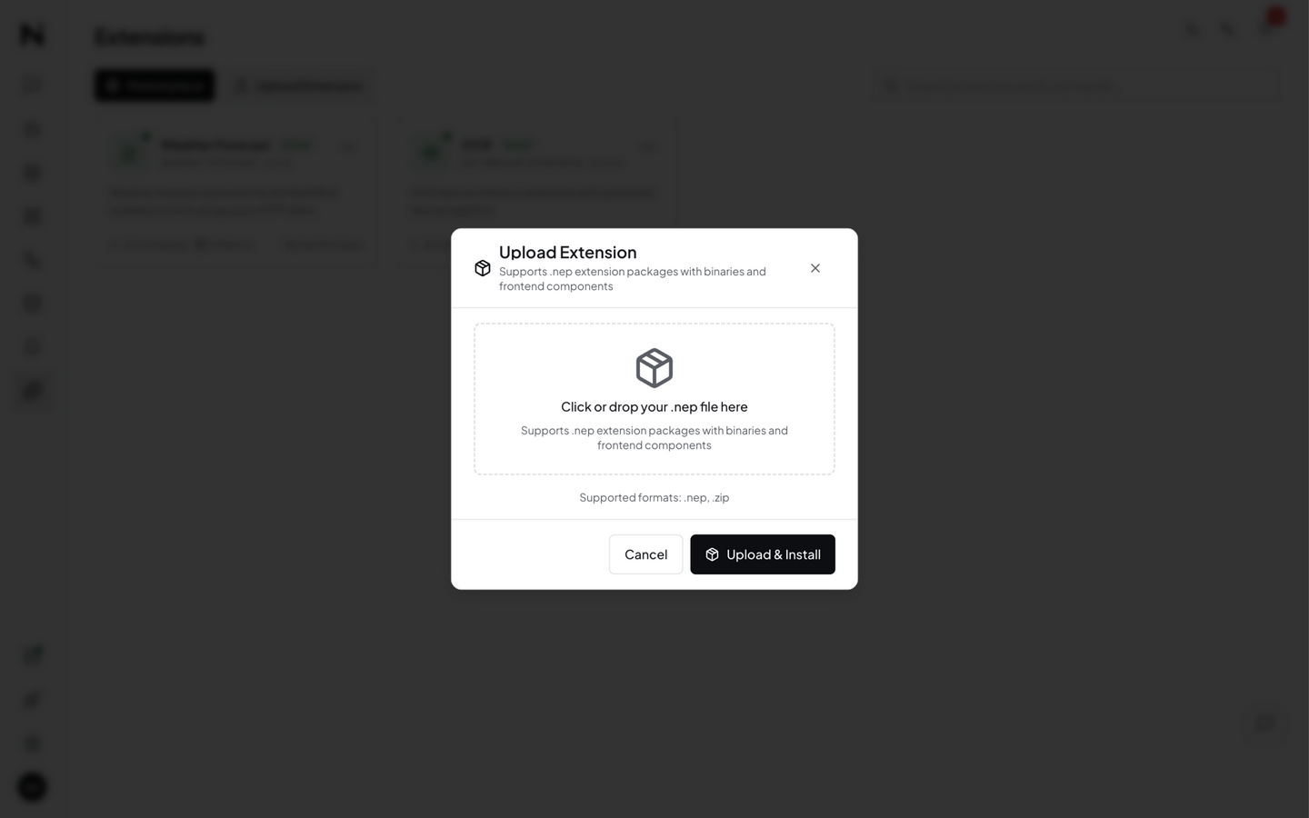 Upload installation dialog