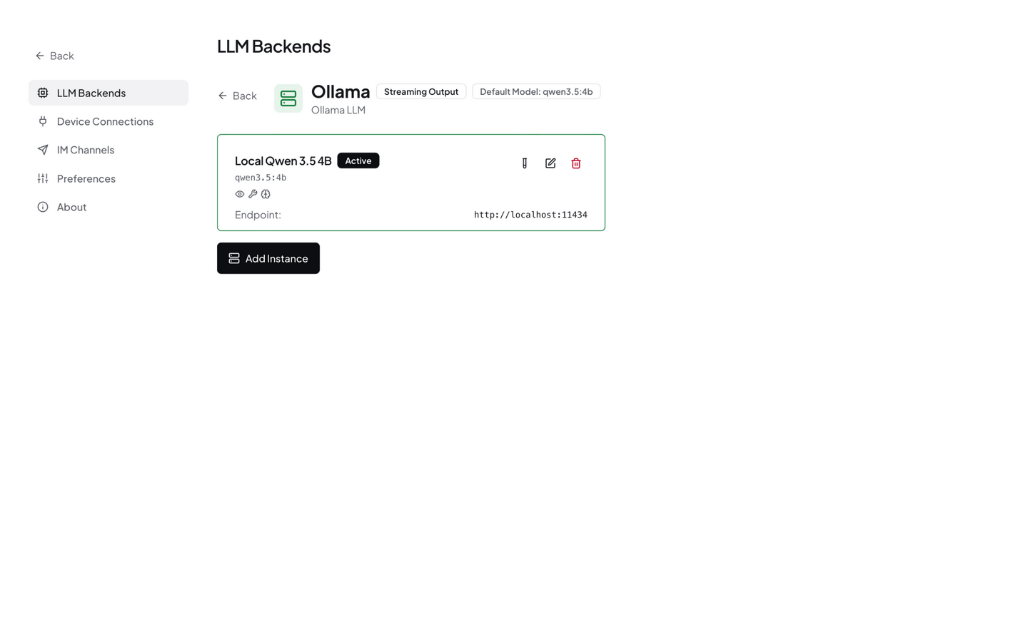 LLM backend configuration form