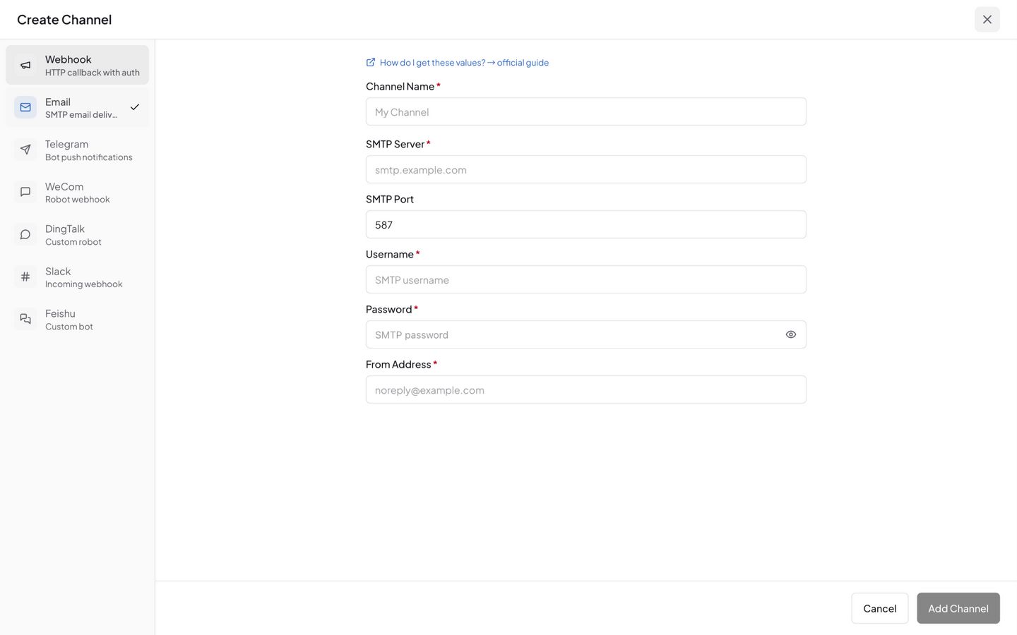 Email channel config — SMTP server, port, from address, auth