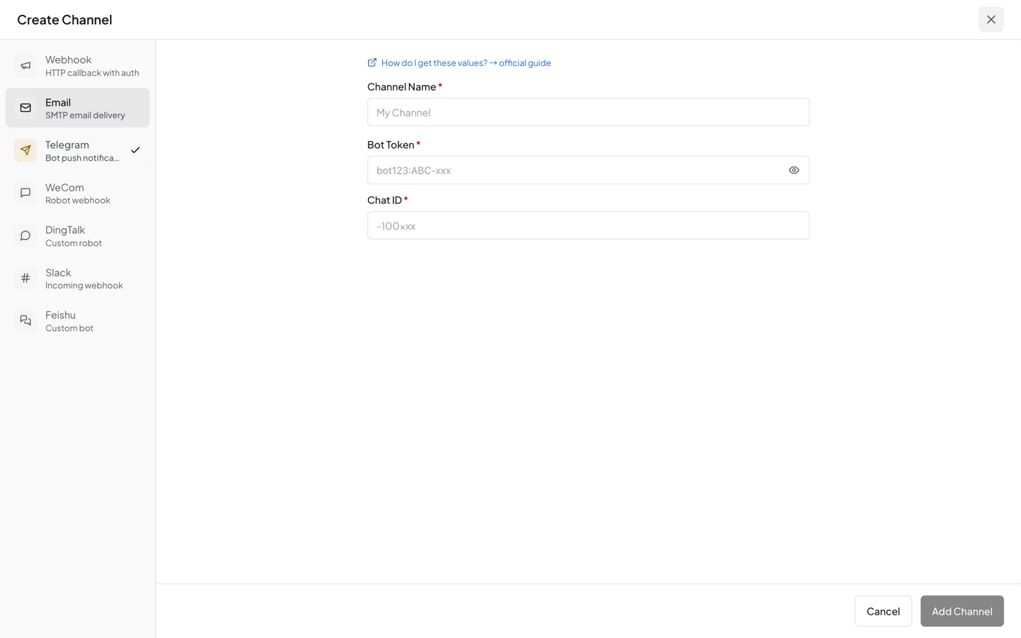 Telegram channel config — Bot Token, Chat ID