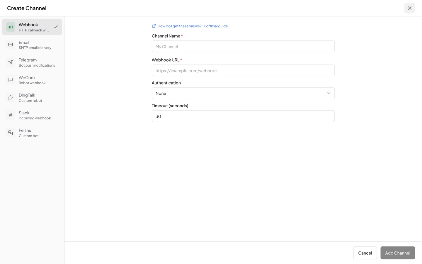 Webhook channel config — URL, method, auth type, timeout