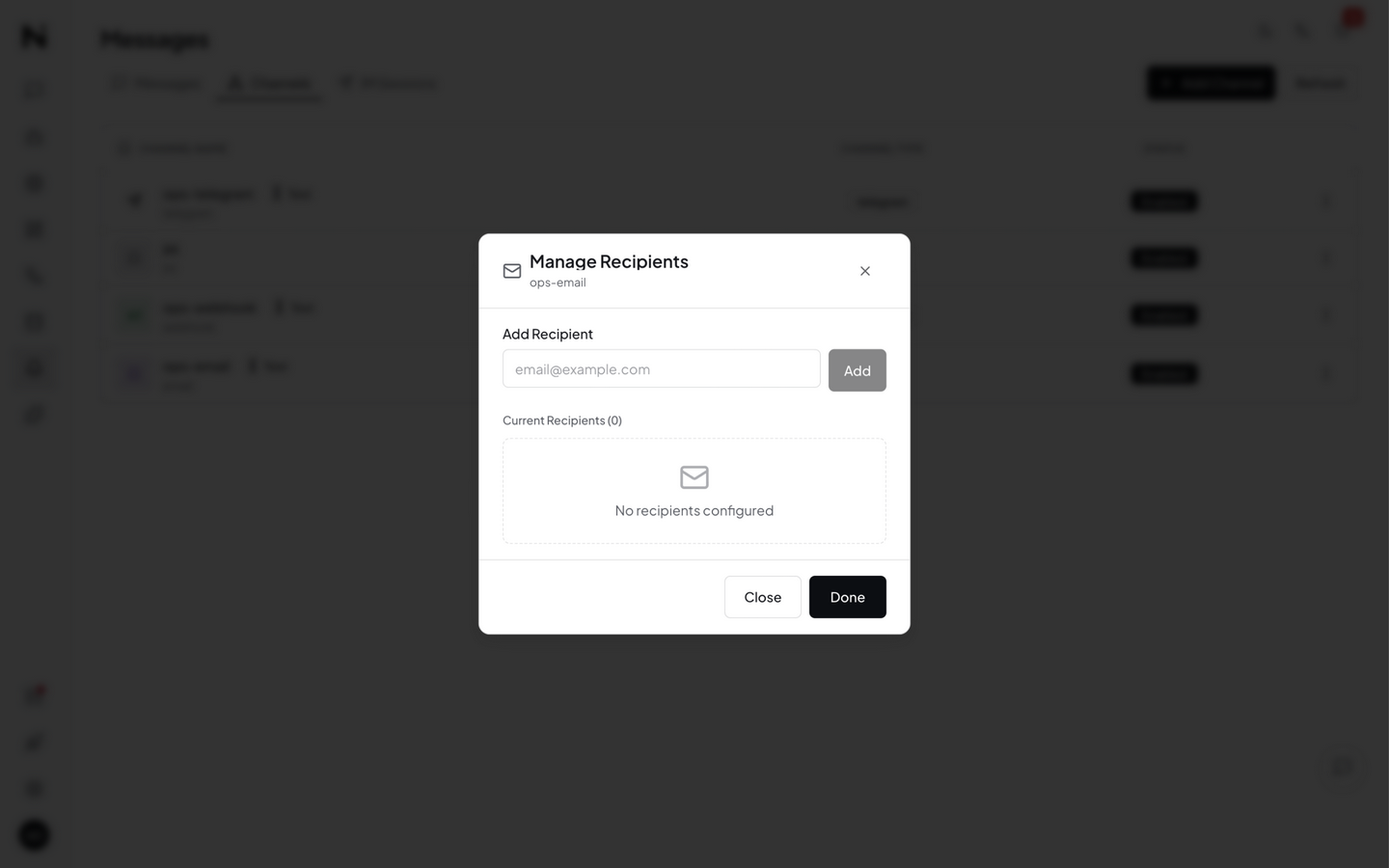 Manage Recipients dialog — add recipient emails and manage the list