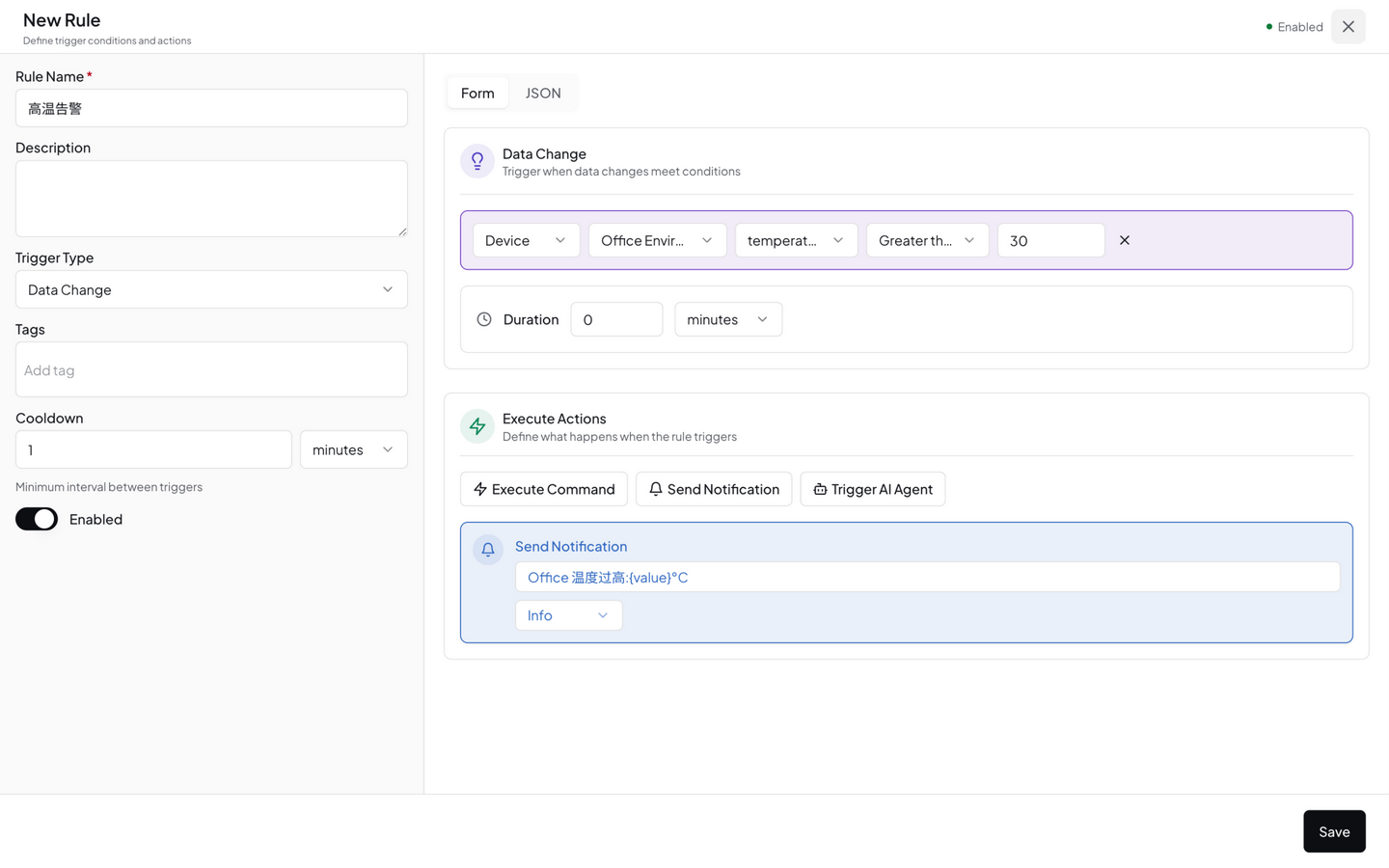 Rule builder — action config area: notify, execute command, trigger agent