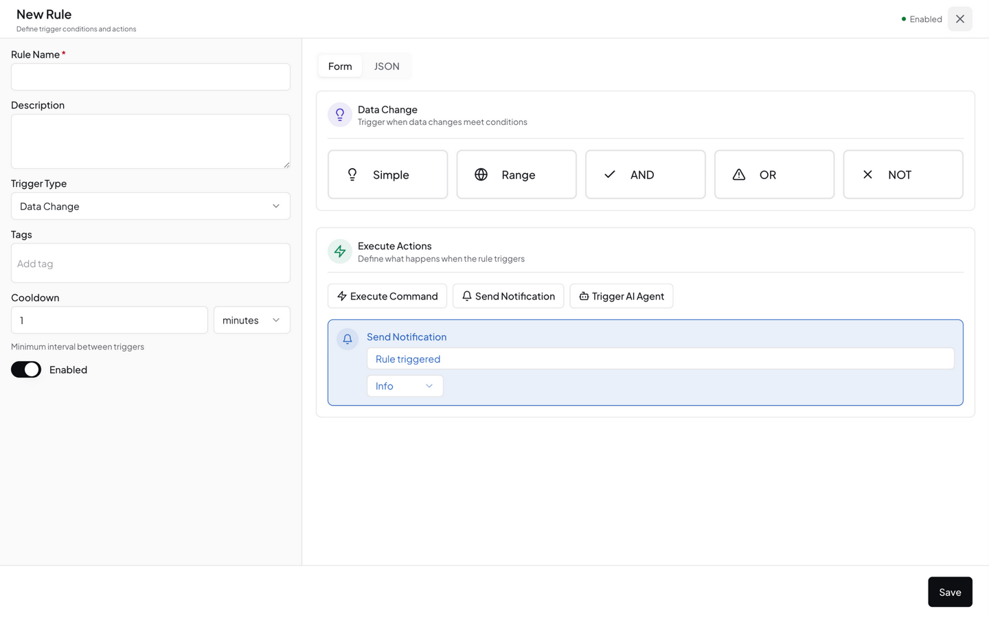 Rule builder — basic info area: name, description, trigger selector