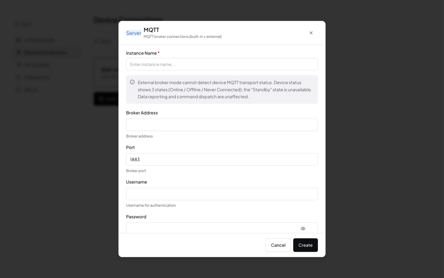 Add external broker dialog — name, address, port, authentication