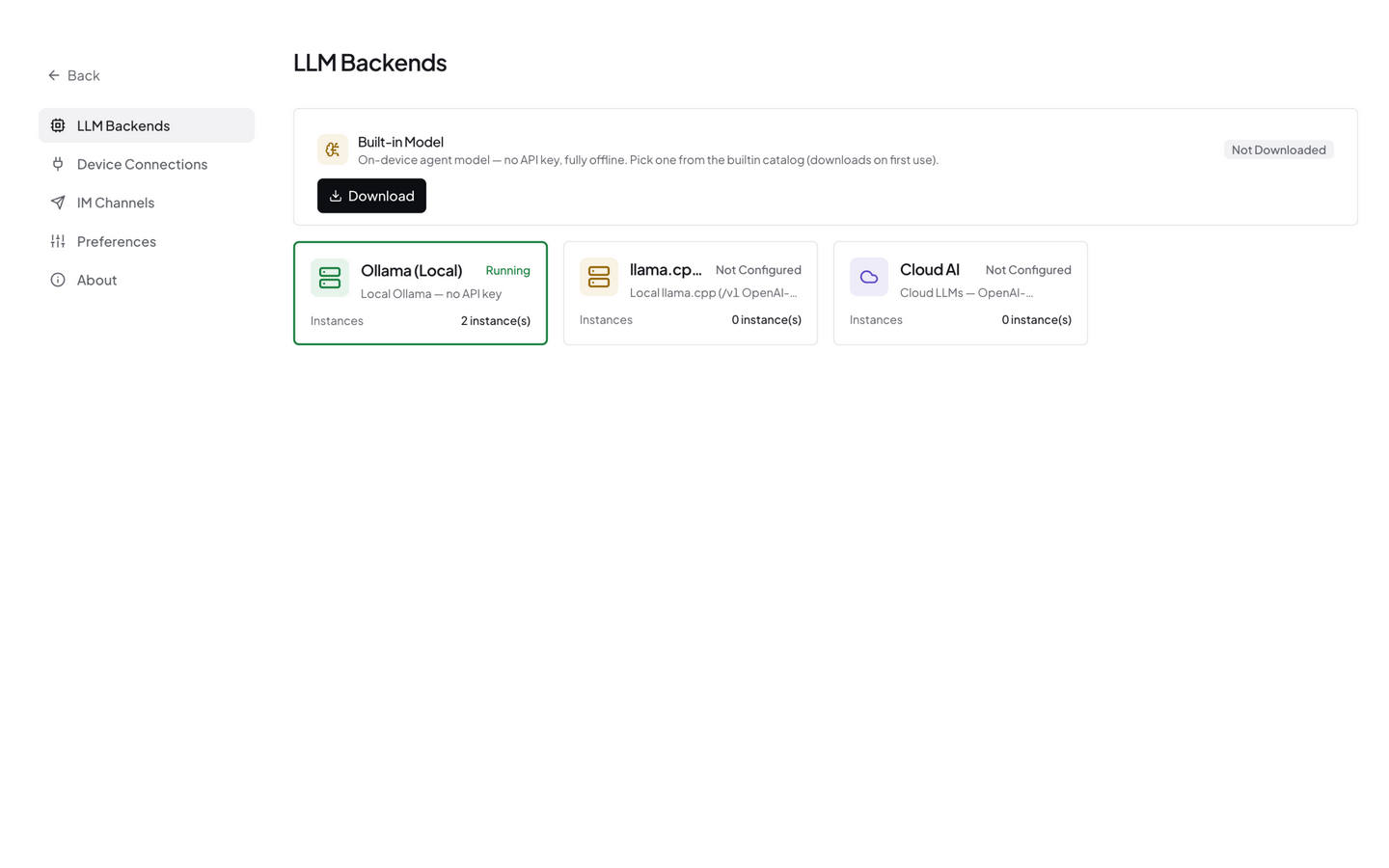 LLM backend list — click Add Backend