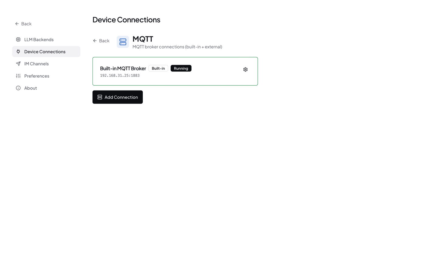 Settings → Device Connections: MQTT broker status, IP, and port