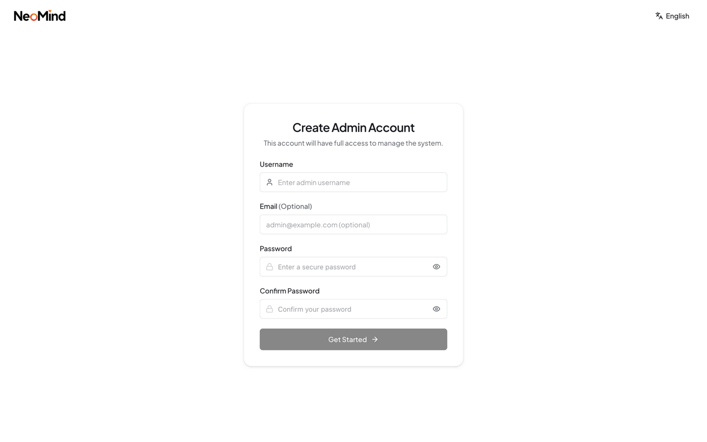 First visit: create the admin account