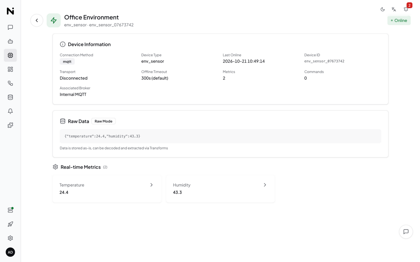 Device detail page showing telemetry