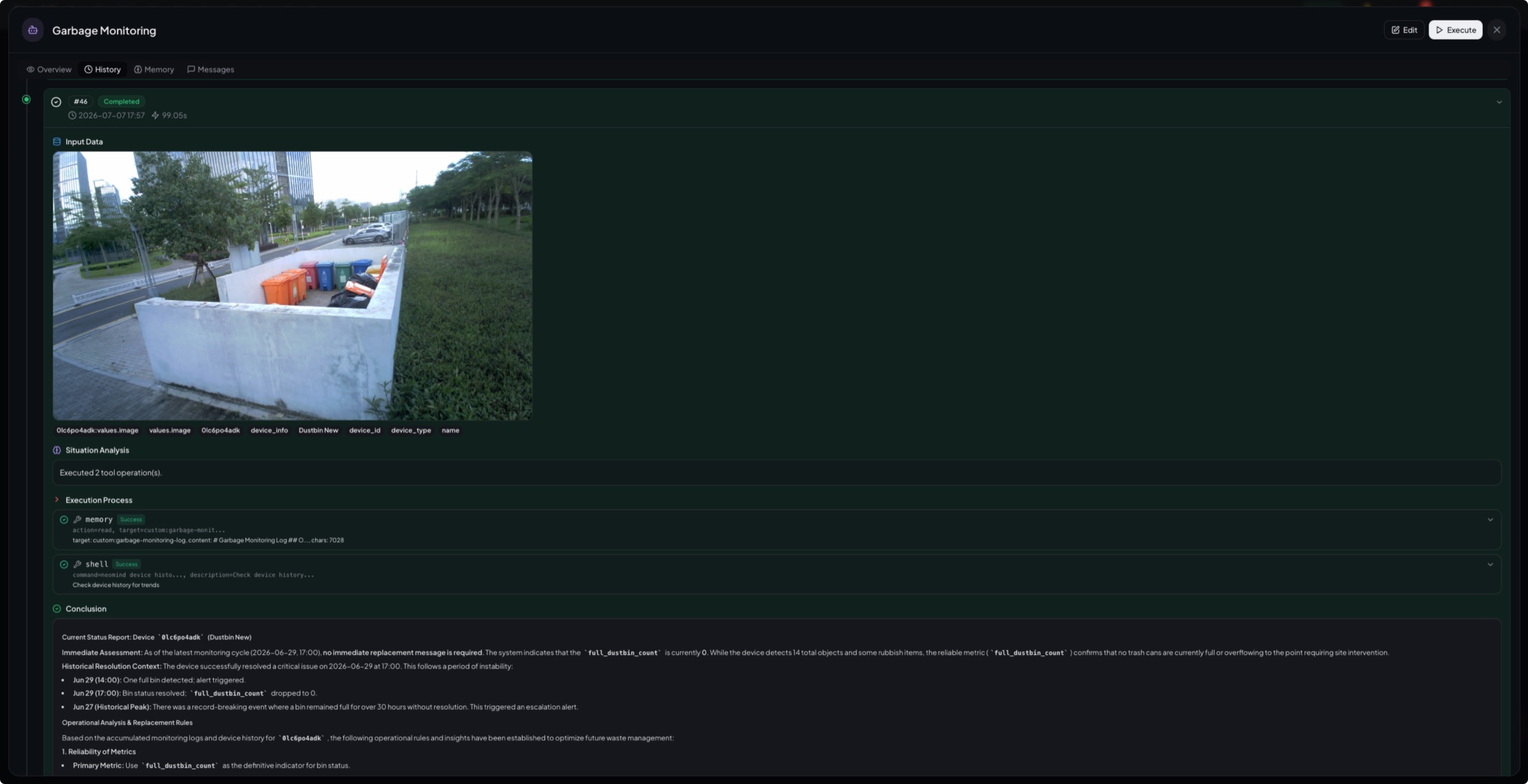 NeoMind agent task panel — memory call, shell tool, historical context, structured report