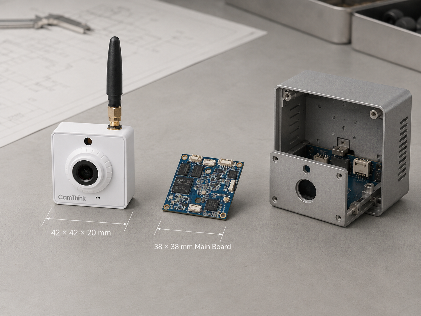 NE302 complete camera and main board shown with embedded product concepts