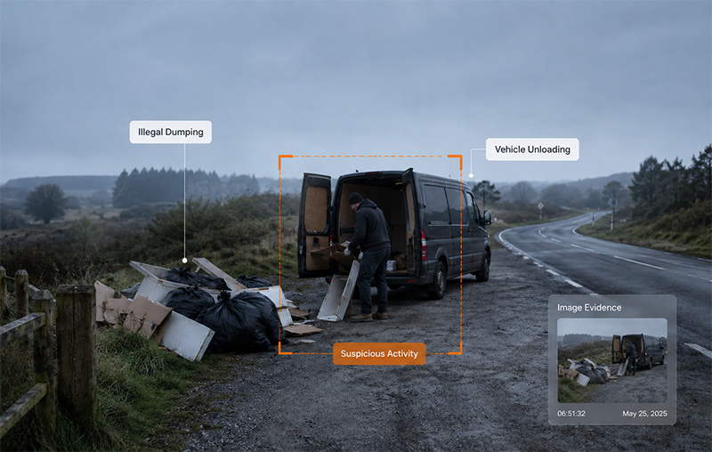 Illustration of fly-tipping and illegal dumping detection in outdoor areas