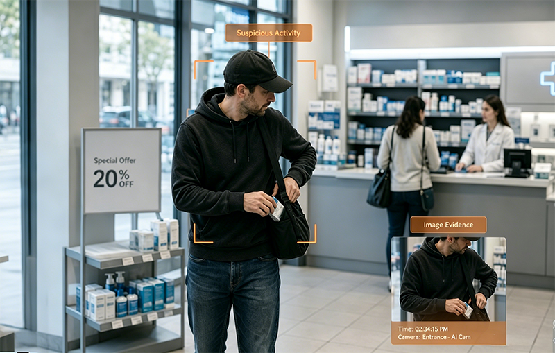 Illustration of retail loss prevention with portable AI monitoring