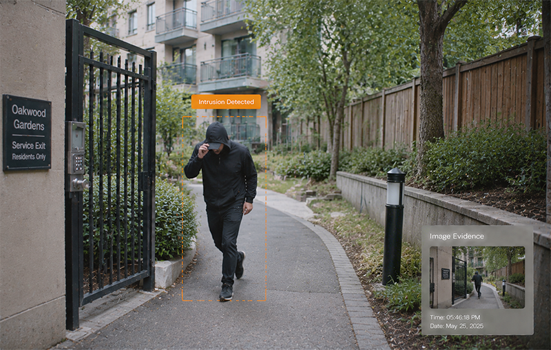Illustration of vacant property intrusion monitoring with edge AI alerts and evidence