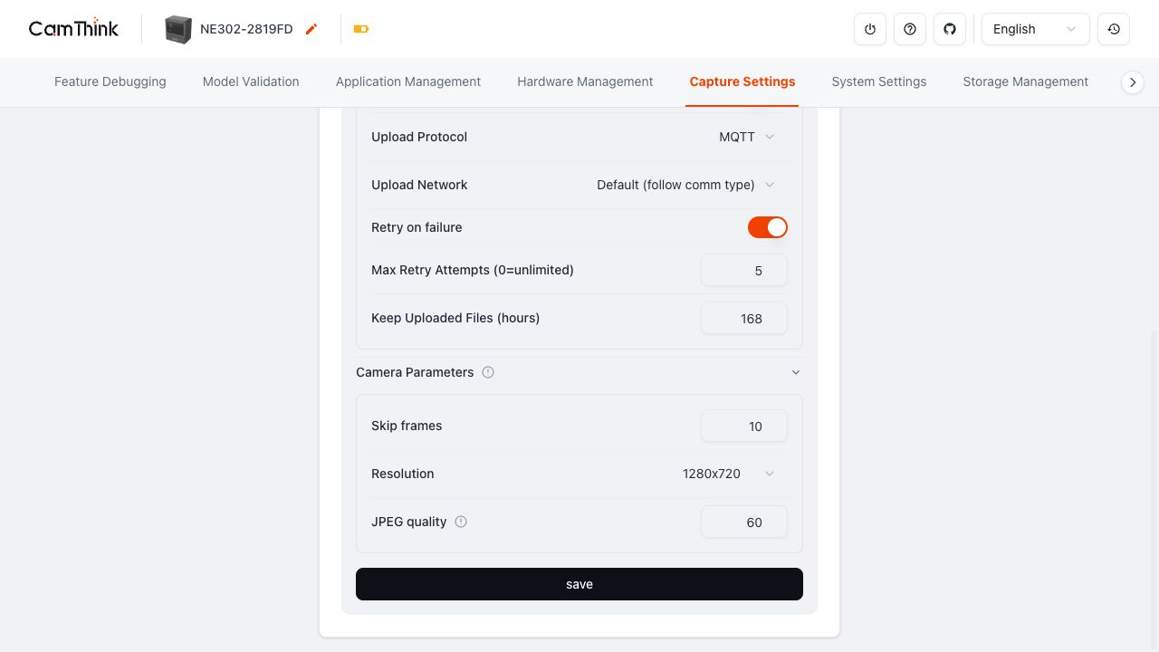 Capture Config: retry, camera parameters and save