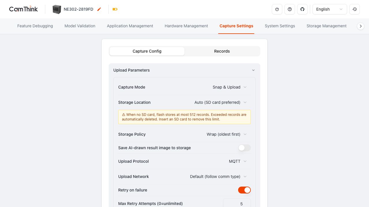 Capture Config: mode, storage and upload settings