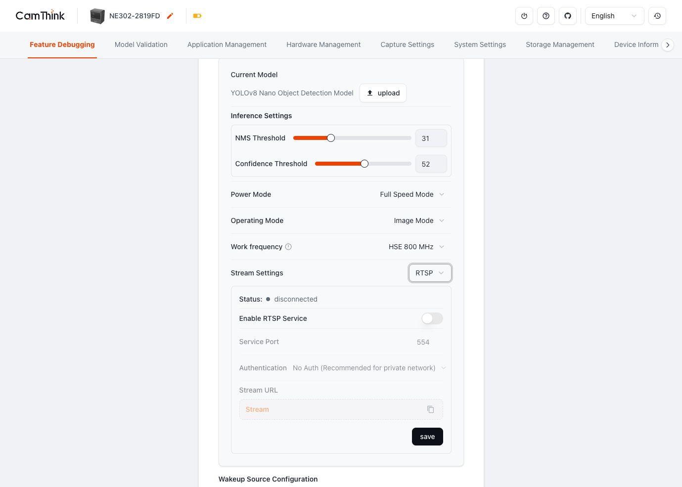 RTSP configuration in Feature Debugging Stream Settings