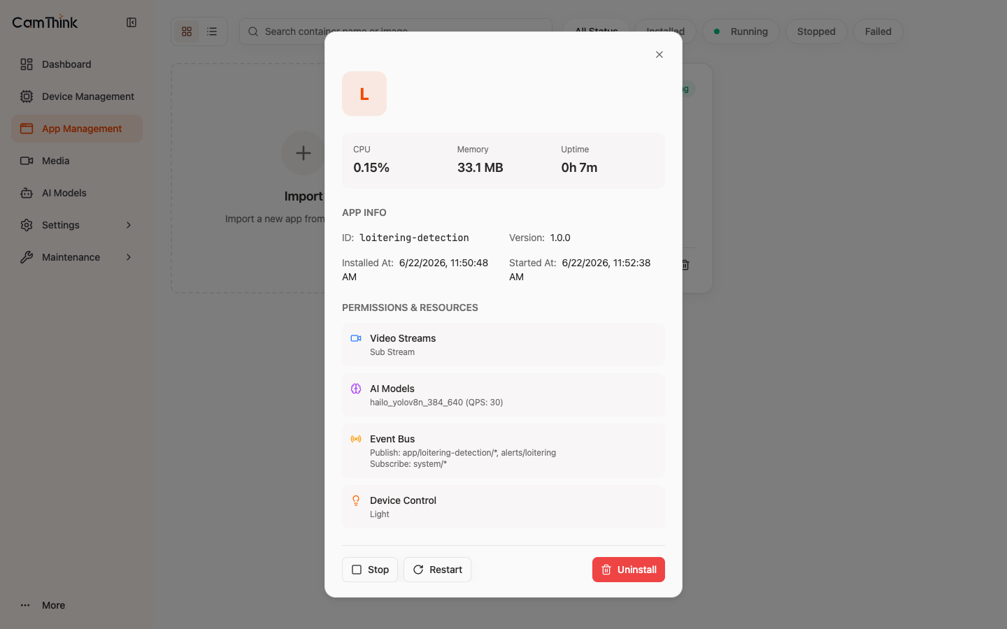 App detail: Permissions & Resources