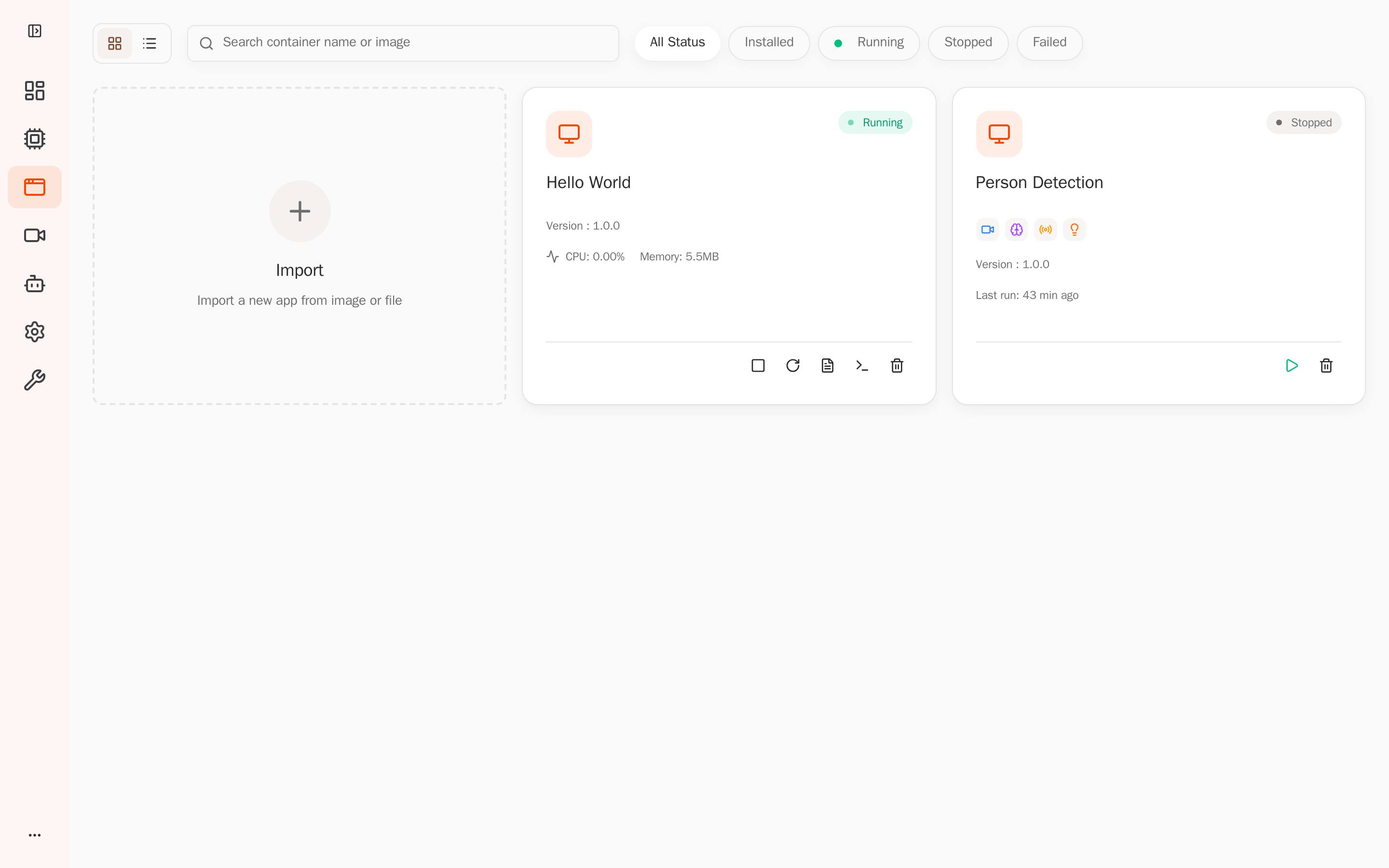 Applications page (Hello World Running)