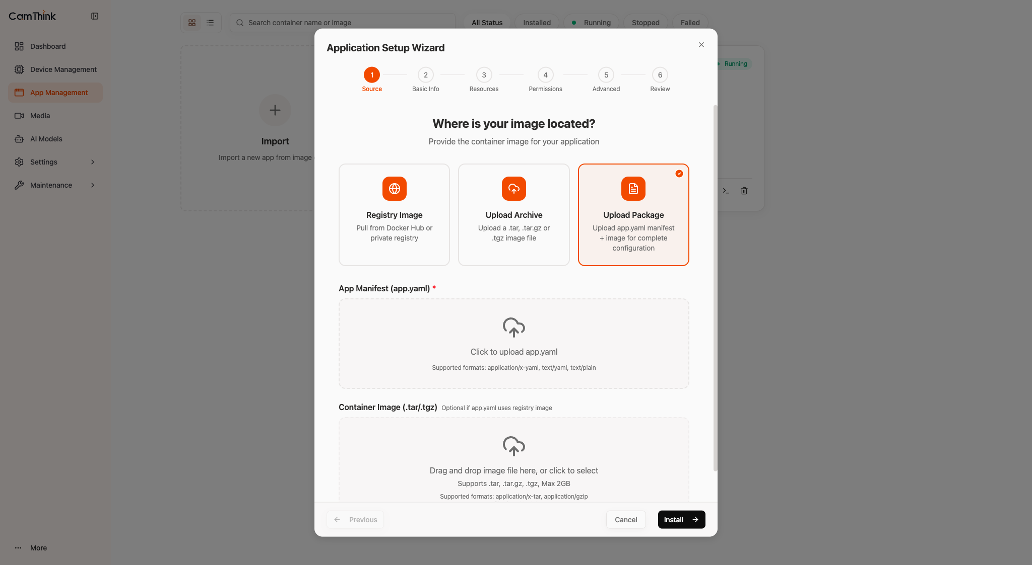 Upload Package: select app.yaml + image.tar