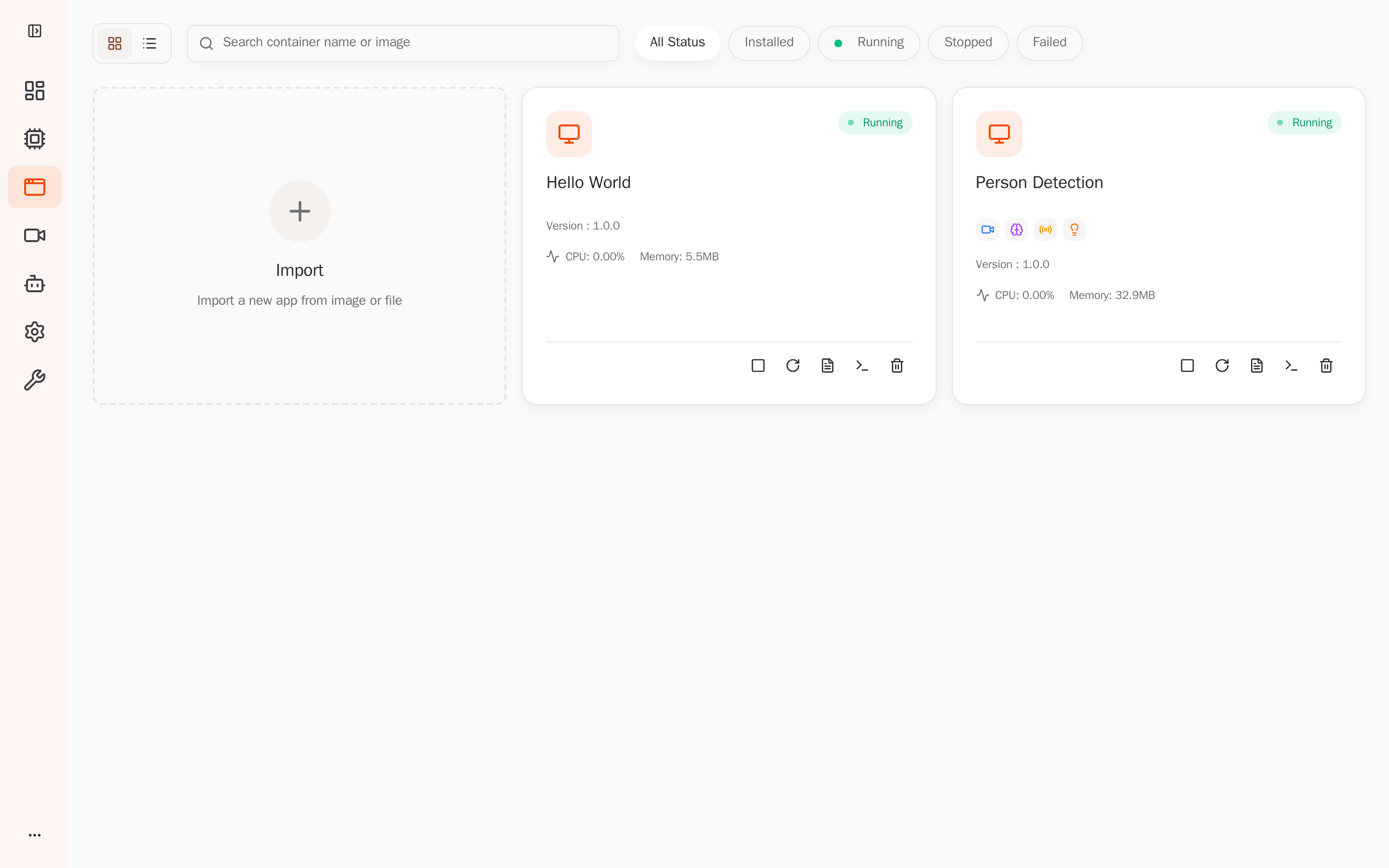 Application management page (Person Detection running)