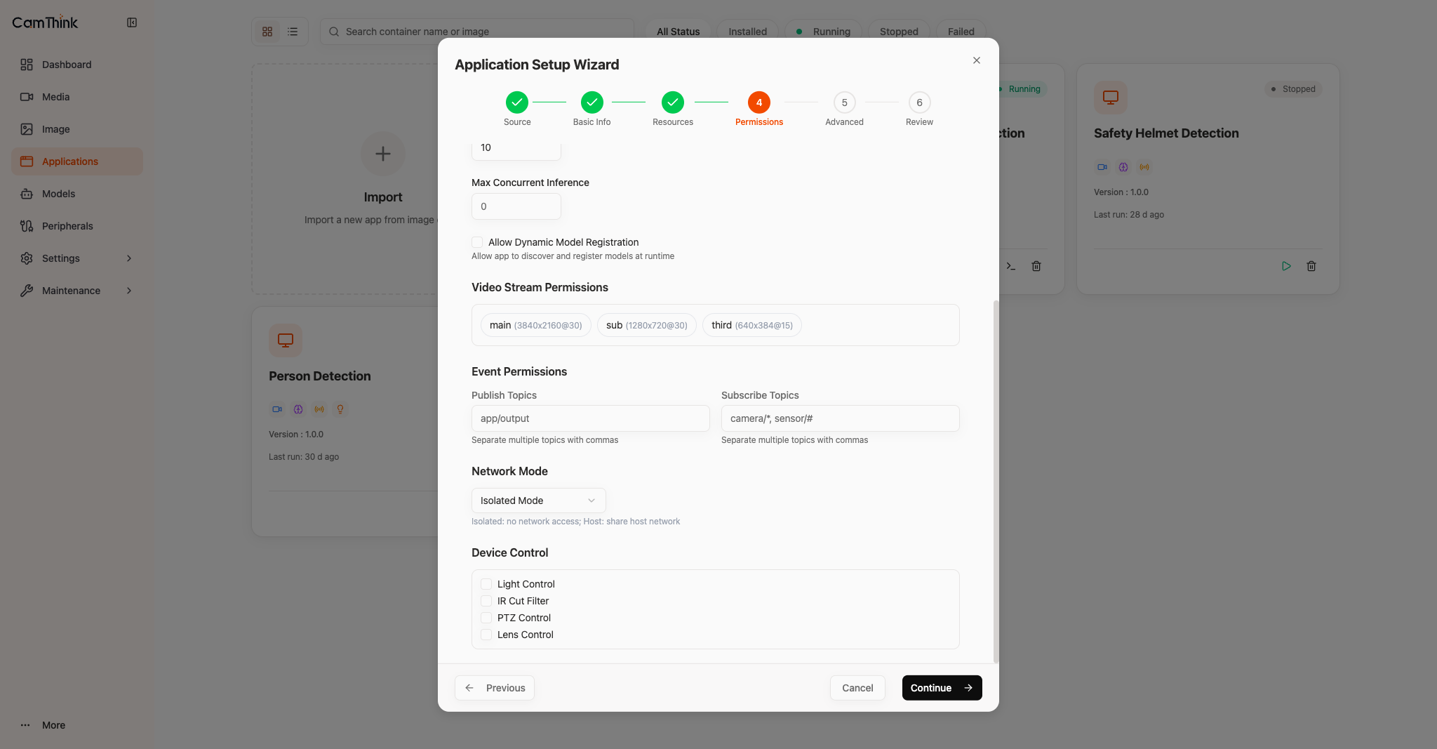 Lower part of the Application Setup Wizard Permissions page