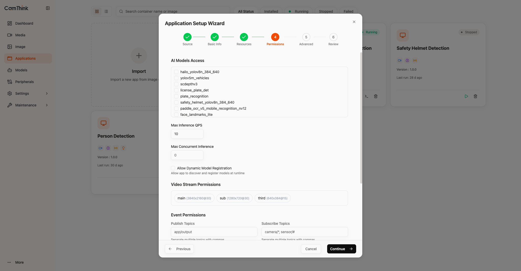 Upper part of the Application Setup Wizard Permissions page